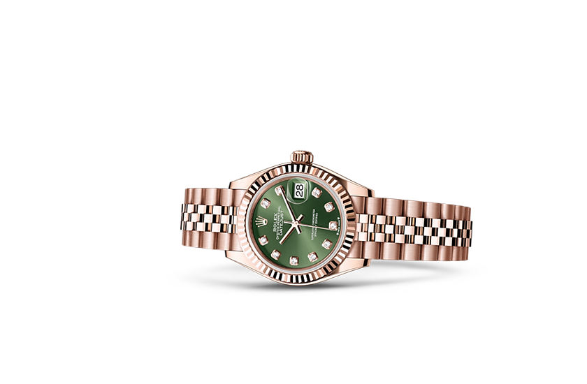 Reloj Rolex Lady-Datejust oro Everose, y esfera Verde oliva engastada con diamantes en Joyería Grau