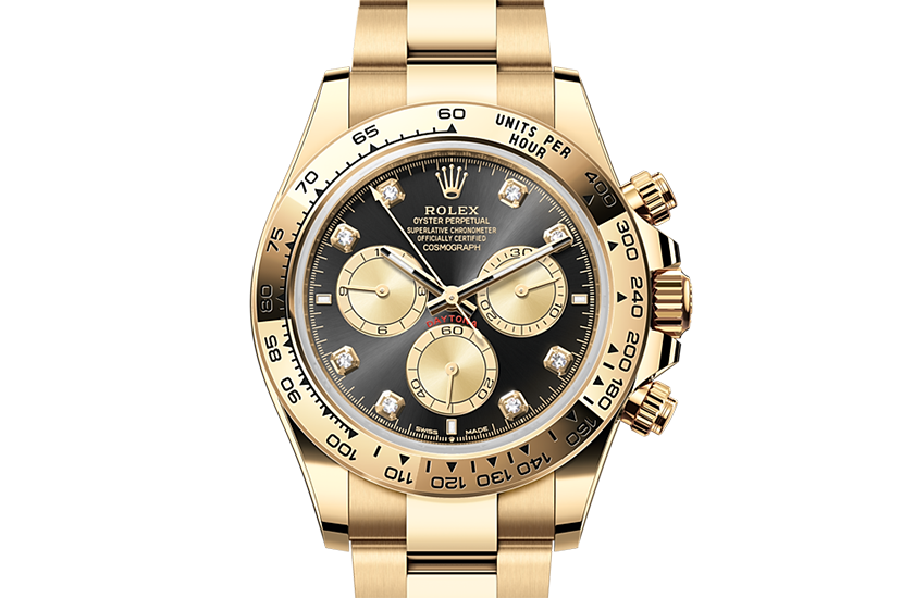 Rolex Cosmograph Daytona yellow gold and Bright black and golden dial set with diamonds in Joyería Grau
