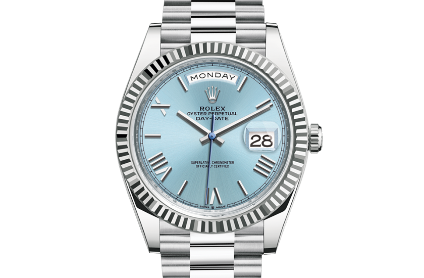 Rolex Day-Date 40 platinum and ice blue dial at Joyería Grau 