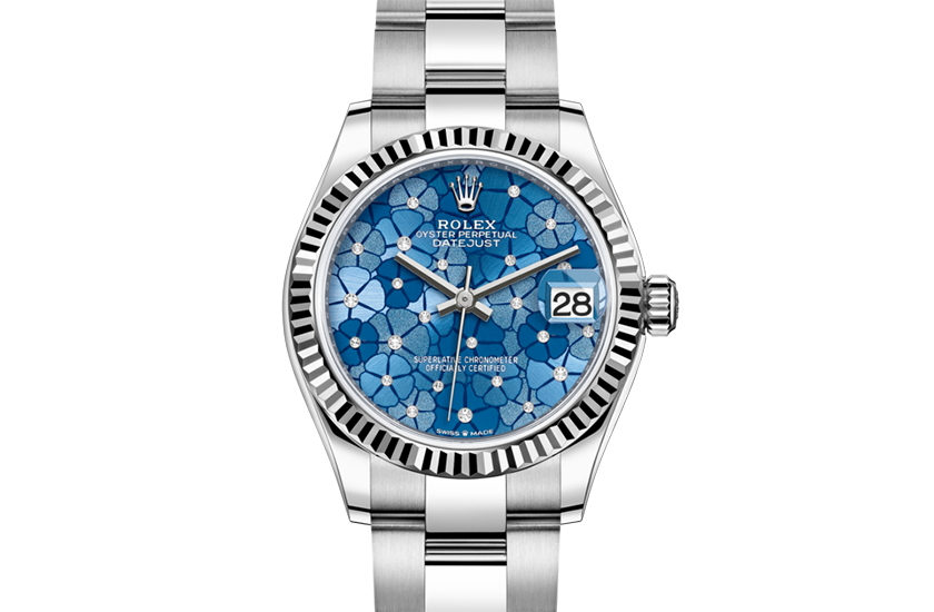 Reloj Rolex Datejust 31 esfera azul azzurro, motivo floral, engastada de diamantes Joyería Grau en Barcelona y Lloret de Mar