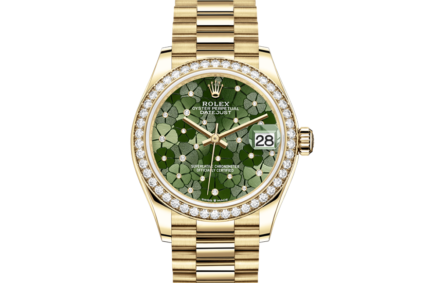 Reloj Rolex Datejust 31 de oro amarillo, diamantes y esfera verde oliva, motivo floral, engastada de diamantes  de Joyería Grau en Barcelona y Lloret de Mar
