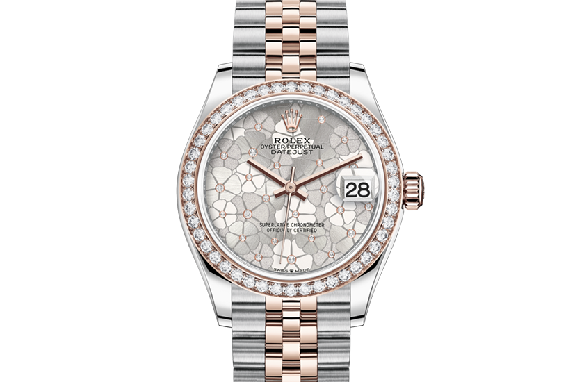 Reloj Rolex Datejust 31 acero Oystersteel, oro Everose y diamantes y esfera plateada, motivo floral, engastada de diamantes de Joyería Grau