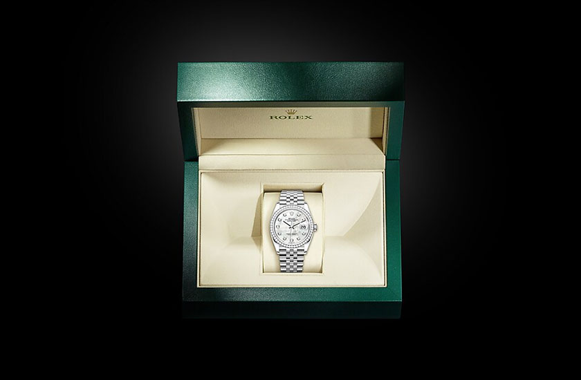 Reloj Rolex Datejust 36 acero Oystersteel, oro blanco, diamantes y esfera de nácar blanco engastada de diamantes en su estuche Joyería Grau