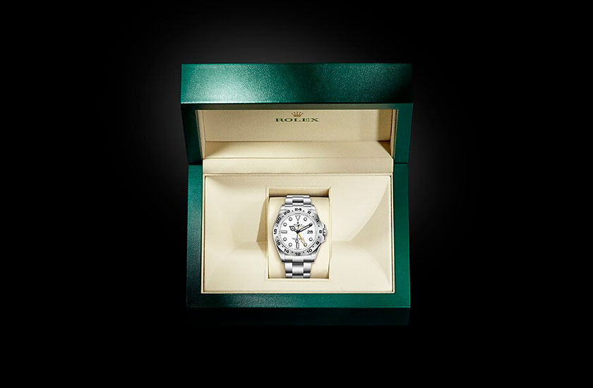 Estuche reloj Rolex Explorer II de acero Oystersteel y esfera blanca en Joyería Grau
