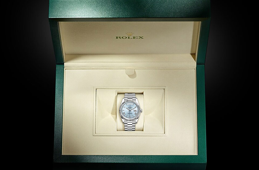 Rolex Day-Date 40 platinum and ice blue dial watchbox at Joyería Grau