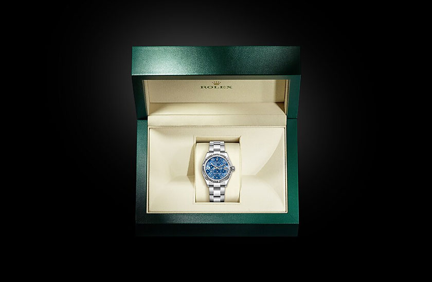 Rolex Datejust 31 azzurro blue dial, floral motif set with diamonds watchbox at Joyería Grau