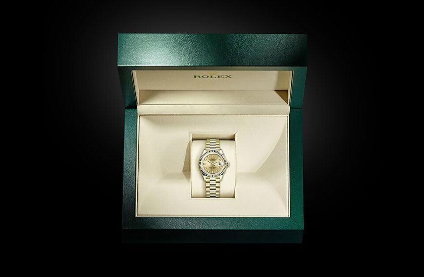 Estuche reloj Rolex Lady-Datejust oro amarillo y esfera color champagne engastada de diamantes Joyería Grau