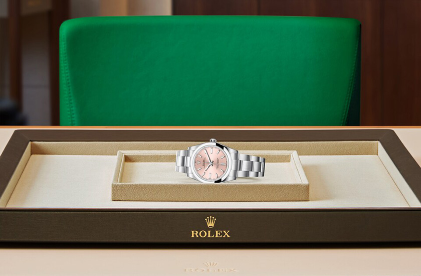 Reloj Rolex Oyster Perpetual 34 de acero Oystersteel y esfera rosa watchdesk en Joyería Grau
