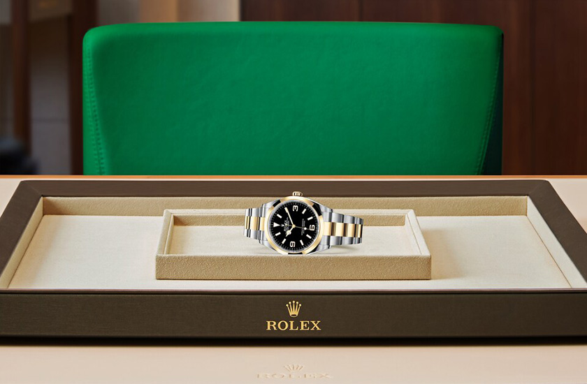 Presentación watchdesk reloj Rolex Explorer de acero Oystersteel, oro amarillo y esfera negra en Joyería Grau