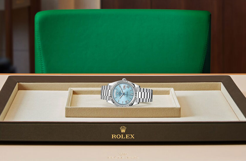 Rolex Day-Date 40 platinum and ice blue dial  at Joyería Grau