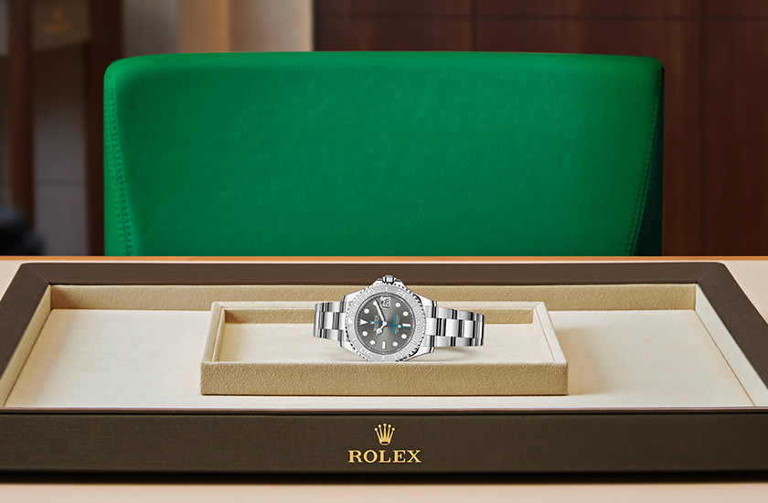 Presentación el reloj Rolex Yacht-Master 37 de acero Oystersteel y platino y esfera pizarra en Joyería Grau