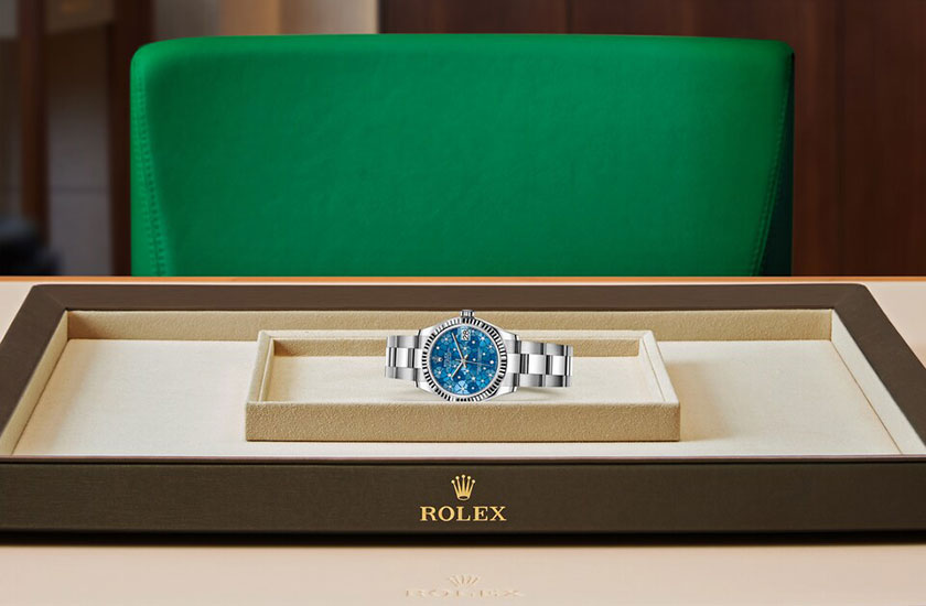Rolex Datejust 31 azzurro blue dial, floral motif set with diamonds watchdesk at Joyería Grau
