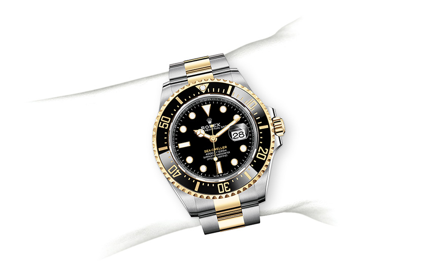 Simulación muñeca Reloj Rolex Sea-Dweller de acero Oystersteel, oro amarillo y esfera negra en Joyería Grau