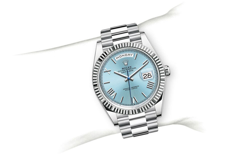Simulated wrist Rolex Day-Date 40 platinum and ice blue dial at Joyería Grau